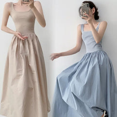 Hnewly  Temperament Apricot Suspender Dress Gentle Summer Vacation Style Waist Cinched Backless Big Swing A-line Long Skirt