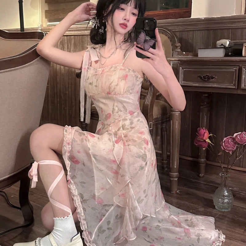 Hnewly French Elegant Fairy Print Dress Women Casual Even Party Irregular Sleeveless Midi Dress Female Vintage Y2k Floral Summer