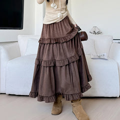 Hnewly  Vintage Ruffles Velvet Long Skirts Women Fashion Elastic High Waist A Line Cake Skirt Woman Autumn Winter Mid Length Skirts