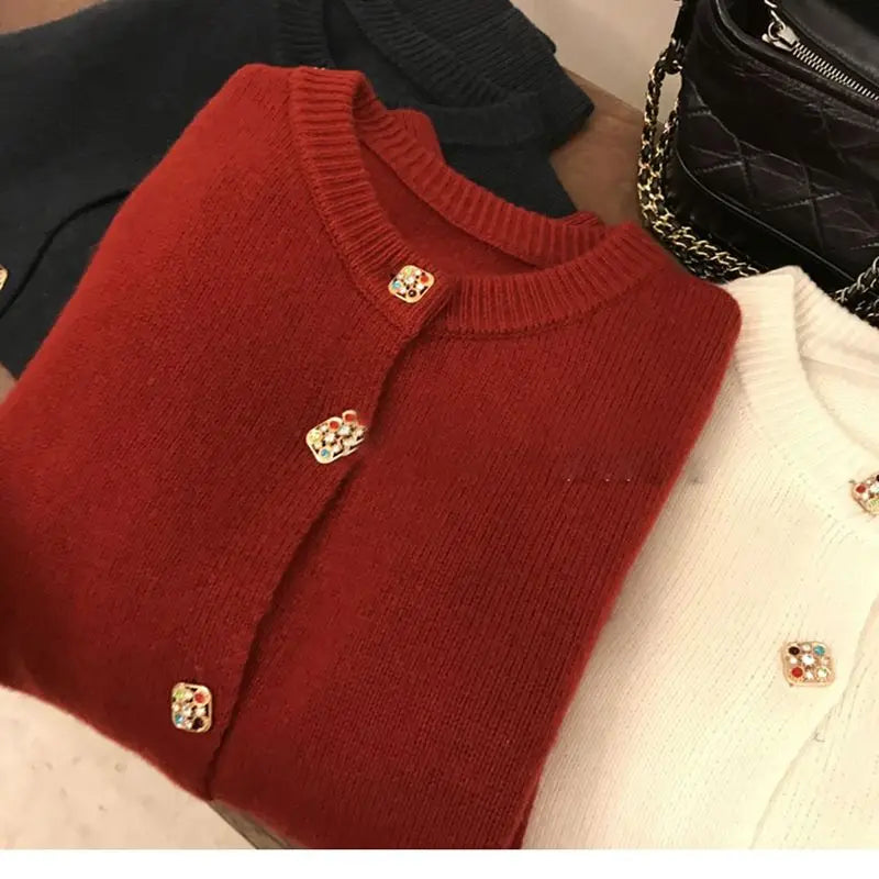 Hnewly  Solid O-Neck Sweater French Elegant Single Breasted Women's Spring Autumn Winter New Fashion All-match Long Sleeve Top Coat