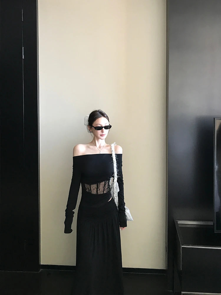 Hnewly French Elegant 2 Piece Skirts Sets Women Korean Clothing Y2k Crop Top T-shirts + Midi Skirts Thin Vintage Suits Office Lady Chic