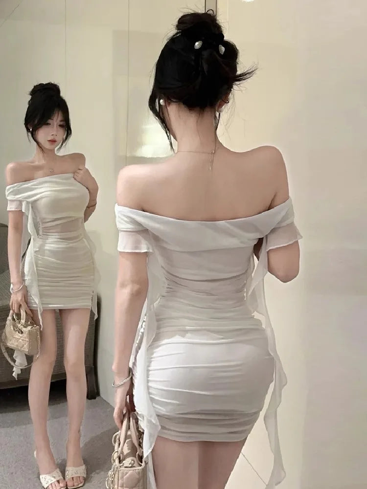 Hnewly  Woman Dress Strapless Ruffles Sweet Off Shoulder Patchwork Slim Sweet Backless Summer Fashion Party Mini Dresses Sexy
