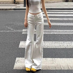 Hnewly  Korean Fashion High Waist White Jeans for Women Streetwear Slimming Micro Flared Denim Pants Woman Vintage Loose Trousers Female