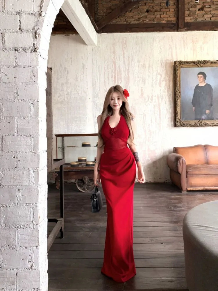 Hnewly  Women Dresses Flowers Sleeveless Backless Halter Hollow Out Slim Bandage Vintage Elegant Sexy Party Dress Female