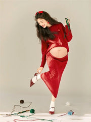 Hnewly  Women Maternity Dress for Photography Red Christmas Knitted Top with Skirt 2pcs Pregnancy Clothings for Studio Photoshoot Xmas