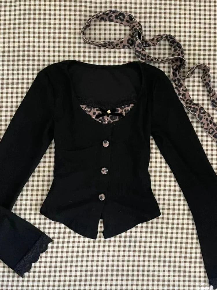 Hnewly Leopard Vintage Suits Women Design Elegant Y2k Thin Sweater Pullover + Mini Skirts Casual 2000s Clothing 2 Piece Skirt Sets Chic