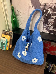 Hnewly  New Floral Plush Underarm Bag Ladies Cute Flower Shoulder Bag Women Furry Purse Fluffy Tote Bag for Autumn and Winter
