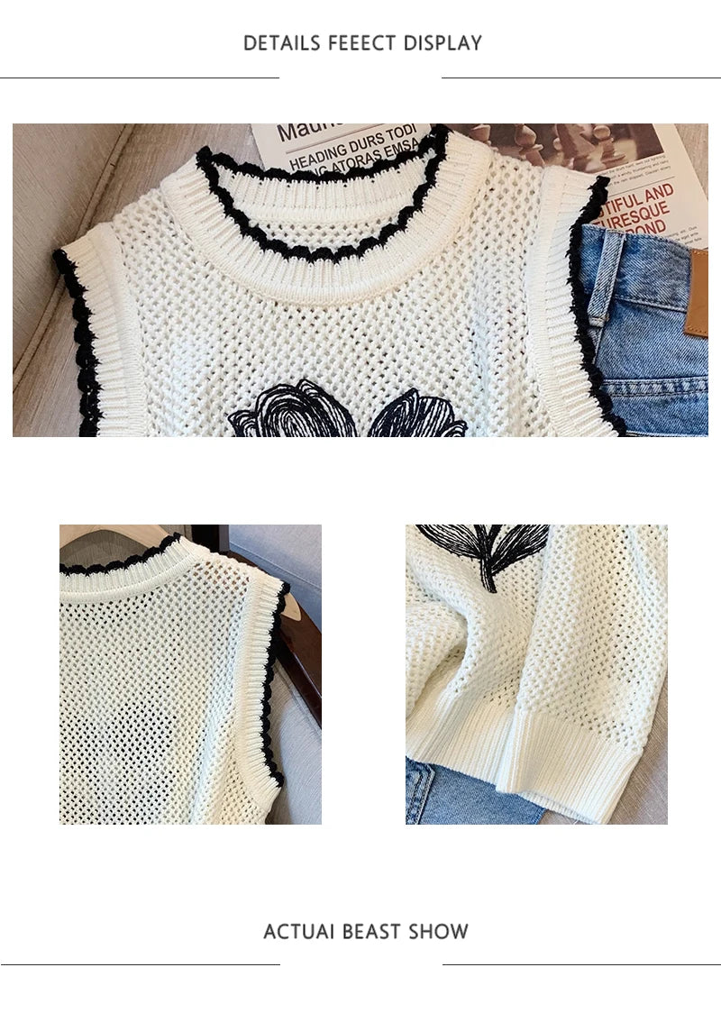 Hnewly  Summer Hollow Out Sleeveless Knitted Vest For Women's Outerwear O-Neck Elegant Floral Print Pullover Fashion Girls TankTop