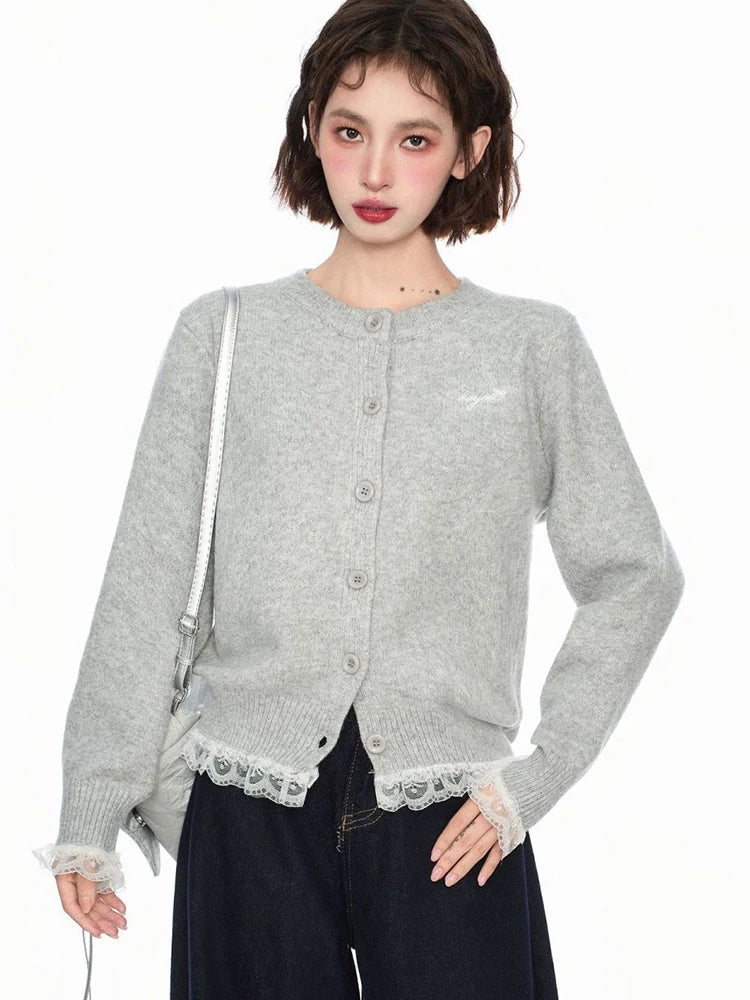 Hnewly Lace Patchwork Retro Cardigan Women Streetwear Long Sleeve O Neck Knitted Sweaters American Casual Letter Vintage Fall Tops