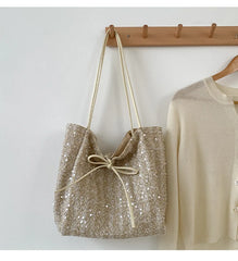 Hnewly  Women Bag Ladies Leisure Solid Color Totes Bag Large Capacity Sequins Handbag Luxury Sparkling Bucket Bag Women's Shoulder Bags