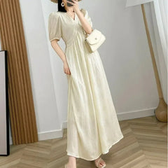 Hnewly  Women Vintage Fashion High Waist Elegant Party Long Dresses Summer V Neck Short Sleeve Solid Vacation Beach Maxi Dress Vestidos