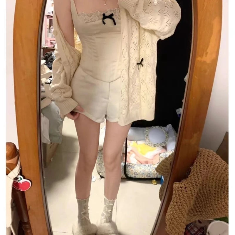 Hnewly FALL OUTFITS Coquette Cardigan Sweater Woman Kawaii Bow Hollow Out Knitted Tops Korean Fashion Sweet Preppy Cute Aesthetic Solid