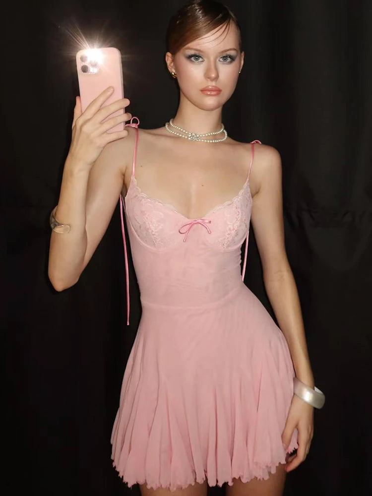Hnewly  Lace Patchwork Dress Women Backless Bow Lace-Up Sleeveless Thinny Pleated Solid Midnight Clubwear Party Mini Bodycon