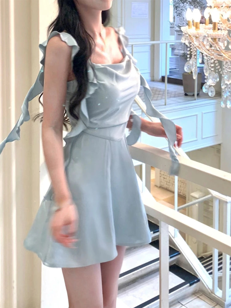 Hnewly wedding guest outfit Elegant Sleeveless Satin Mini Dress Women Summer Korean Short Design Spaghetti Strap Vintage Fairy Sweet Female Clothing