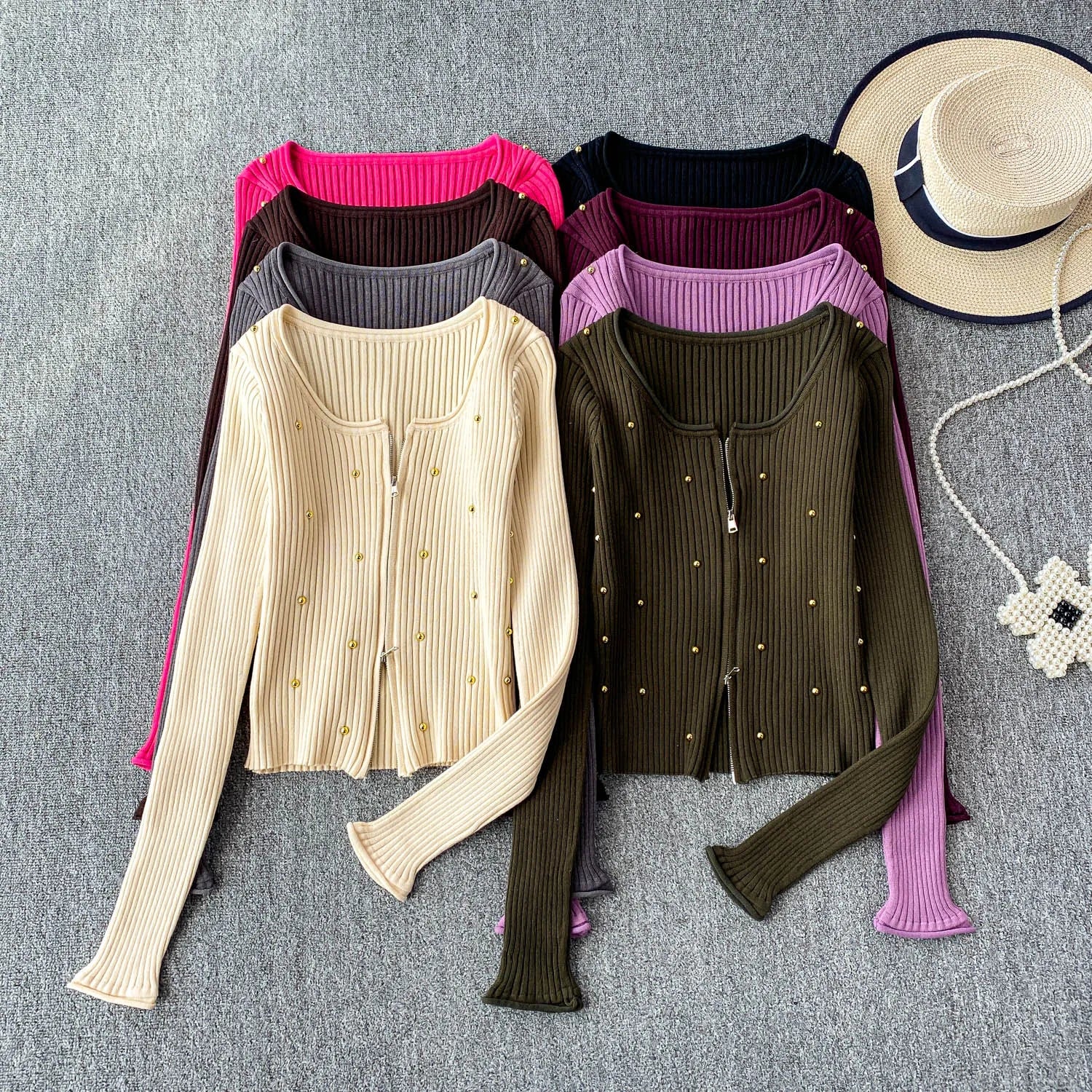 Hnewly  Beading Knitted Striped Zippered Sweater Cardigan Women's Spring Autumn O-Neck Top New Loose Harajuku Long Sleeved Outwear