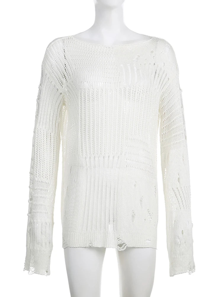 Hnewly FALL OUTFITS Vintage White Ripped Hole Grunge Sweater Women Casual Loose Jumper Solid Long Pullovers Knitted Hollow Out Holidays