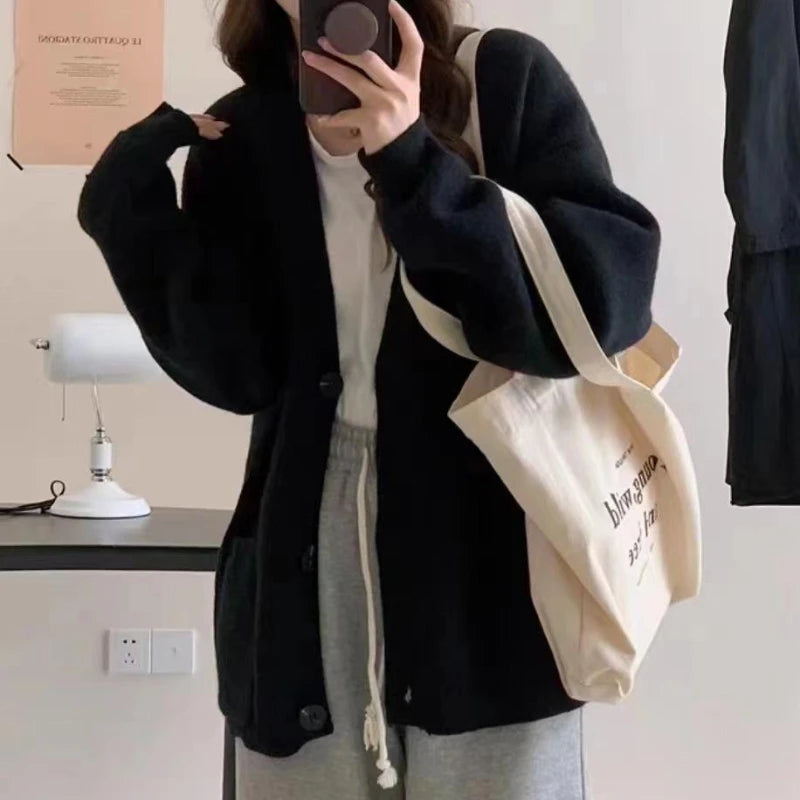 Hnewly  Slouchy Knit Cardigan Sweater for Women Long Sleeve V-neck Comfy Button Up Sweater Jacket Female Autumn Winter Casual Outfit