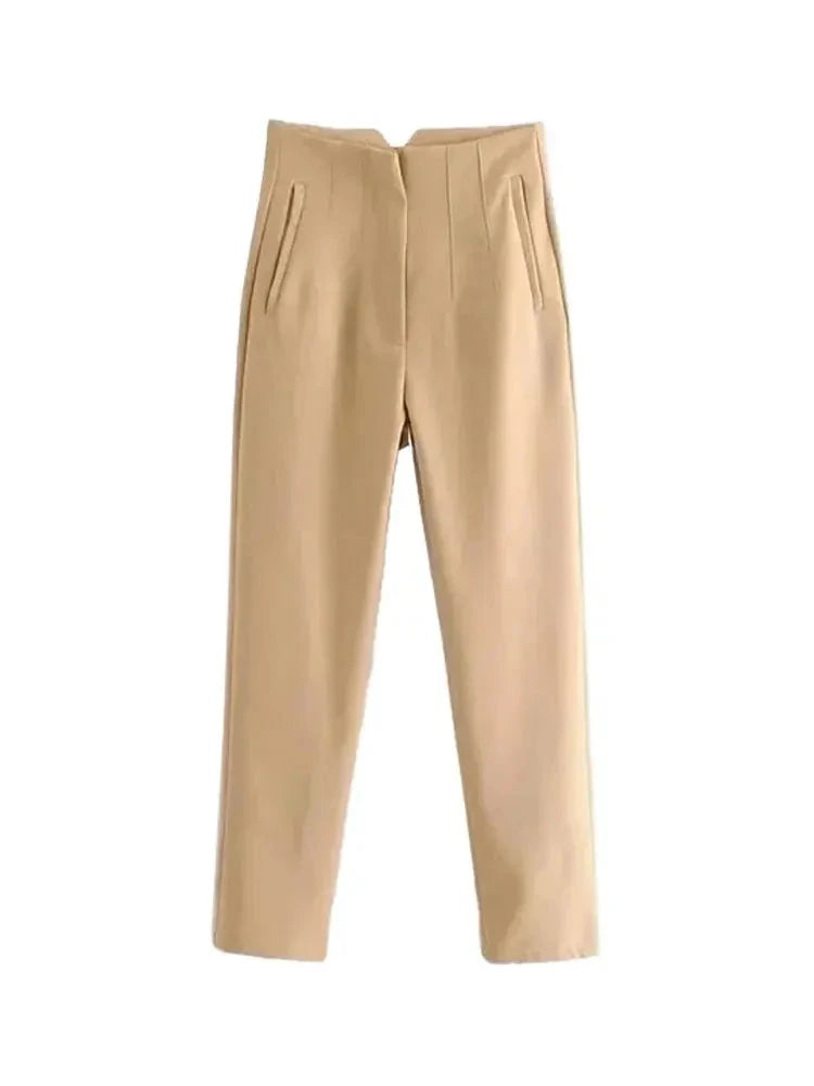Hnewly Women Fashion With Pockets Casual Basic Solid Pants Vintage High Waist Zipper Fly Female Ankle Trousers Pantalones Mujer