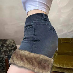 Hnewly  Y2k Vintage Denim Skirt Women Sexy Harajuku Fur Patchwork Mini Skirts Retro Slim Up Streetwear A-line Short Skirts