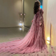 Hnewly  Charming Pink Boat Neck Shiny Sequin Tulle Evening Dress A-Line Floor Length Sweep Train Custom Made Zipper Prom Dress