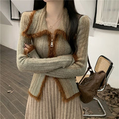 Hnewly Vintage Gradient Polo Zipper Cardigan Women Autumn Winter Long Sleeve Cashmere Sweater Knitted Top Outwear Jumpers