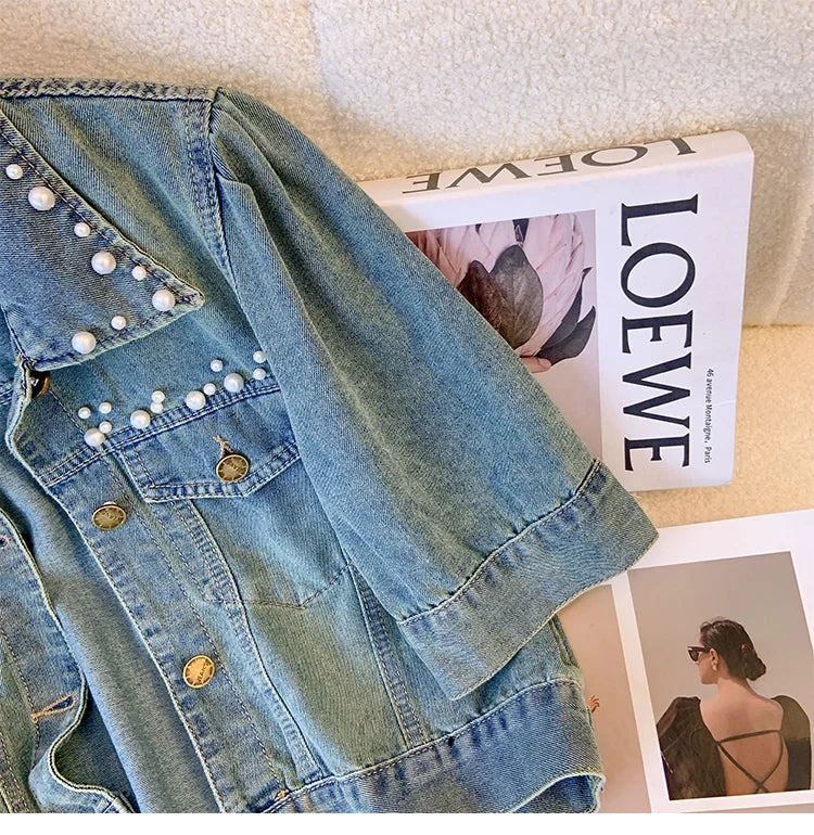 Hnewly  Sweet Nail Bead Short Sleeved Denim Jacket Women Summer Thin Style 2025 New Casual Single Breasted Shirt  Turndown Collar Top