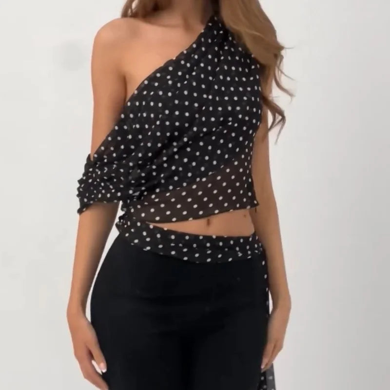 Hnewly Vintage Polka Dot Sleeveless Slim Crop Tops Y2K Sexy Sloping Shoulder Women's Vest 2025 Summer Casual Party Club Camis