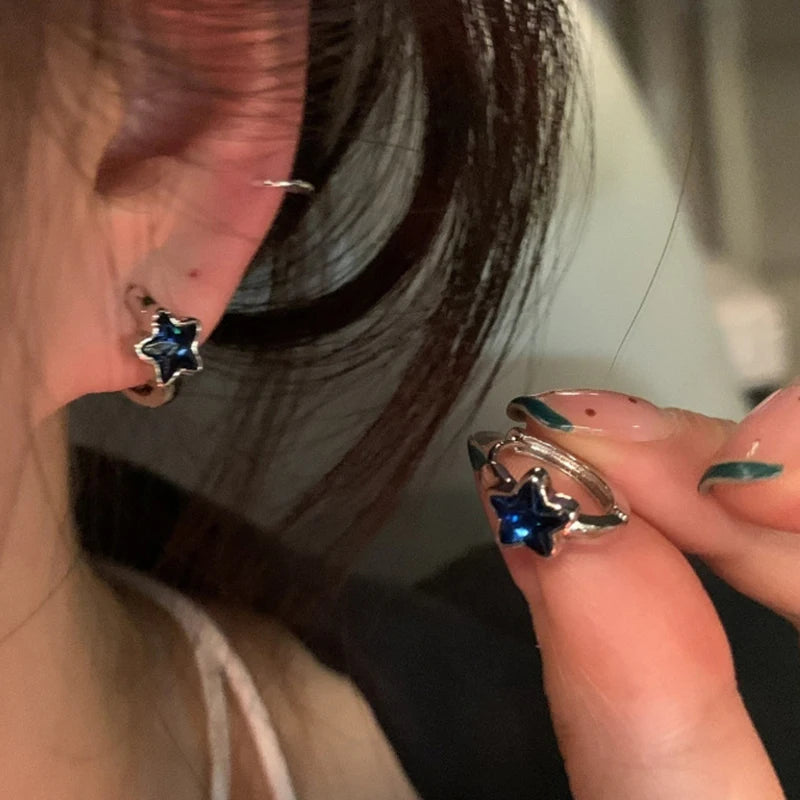 Hnewly 1Pair Y2K Trendy Cute Sweet Blue Star Hoop Earrings For Women Girls Simple New Fashion Vintage Earrings Aesthetic Jewelry Gift
