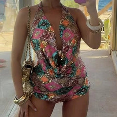 Hnewly  Women Shiny Sequins Shorts Set Beach Vacation Backless Halter Crop Top + Micro Bodycon Shorts Festival Rave Club 2 Piece Outfit