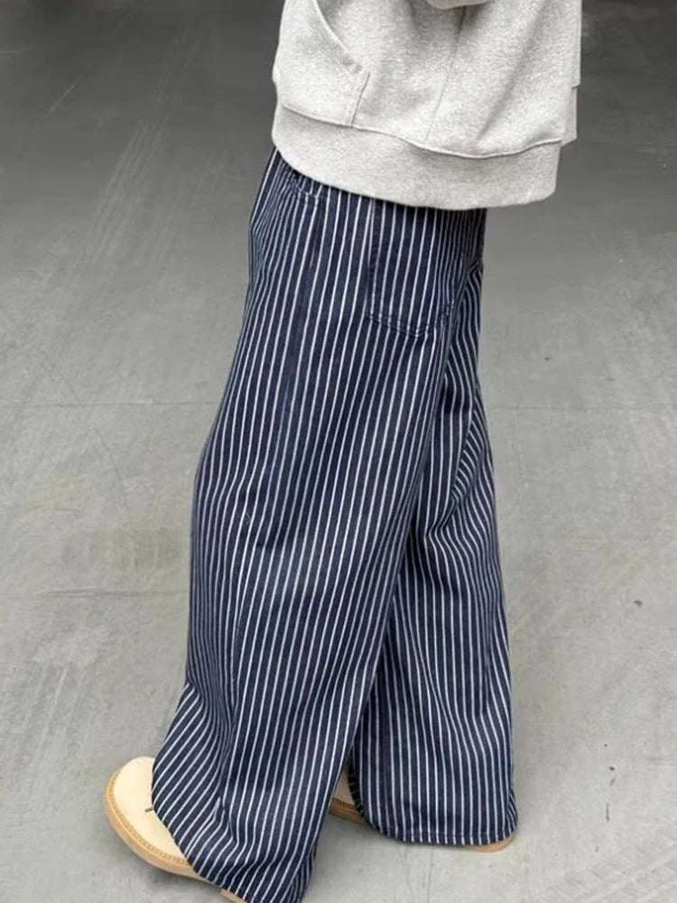 Hnewly Vintage Blue Striped Jeans Women Casual High Waist Loose American Denim Pants Harajuku Streetwear Bf Hip Hop Wide Leg Pants