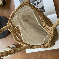 Hnewly  Fashion Mesh Beach Bags For Women Summer Cotton Woven Shoulder Purse Handbag Beach Tote Bag Vacation