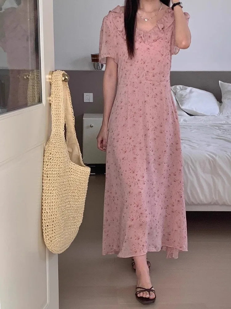 Hnewly  Woman Dress Short Sleeve Floral Printed Ruffles French Style Chic Summer Fashion Casual Temperament Elegant Dresses