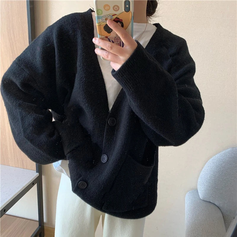 Hnewly Women Cardigan Sweater y2k Clothes Solid Color V Neck Single Breasted Long Sleeve Knitted Tops with Pockets Streetwear