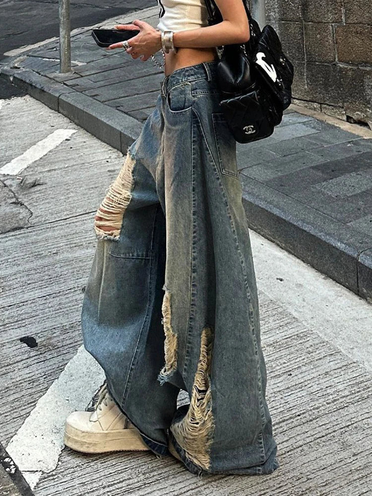 Hnewly Women Hole Y2K Jeans Streetwear Sexy Low Waist Retro American Denim Pants Loose Pockets Vintage Bf Wide Leg Trousers Fall