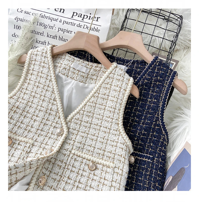 Hnewly  Women New Autumn Tweed Elegant Vintag Vest V-neck Sleeveless Slim Pockets Waistcoat Ladies Fashion Womens Short Small Vest
