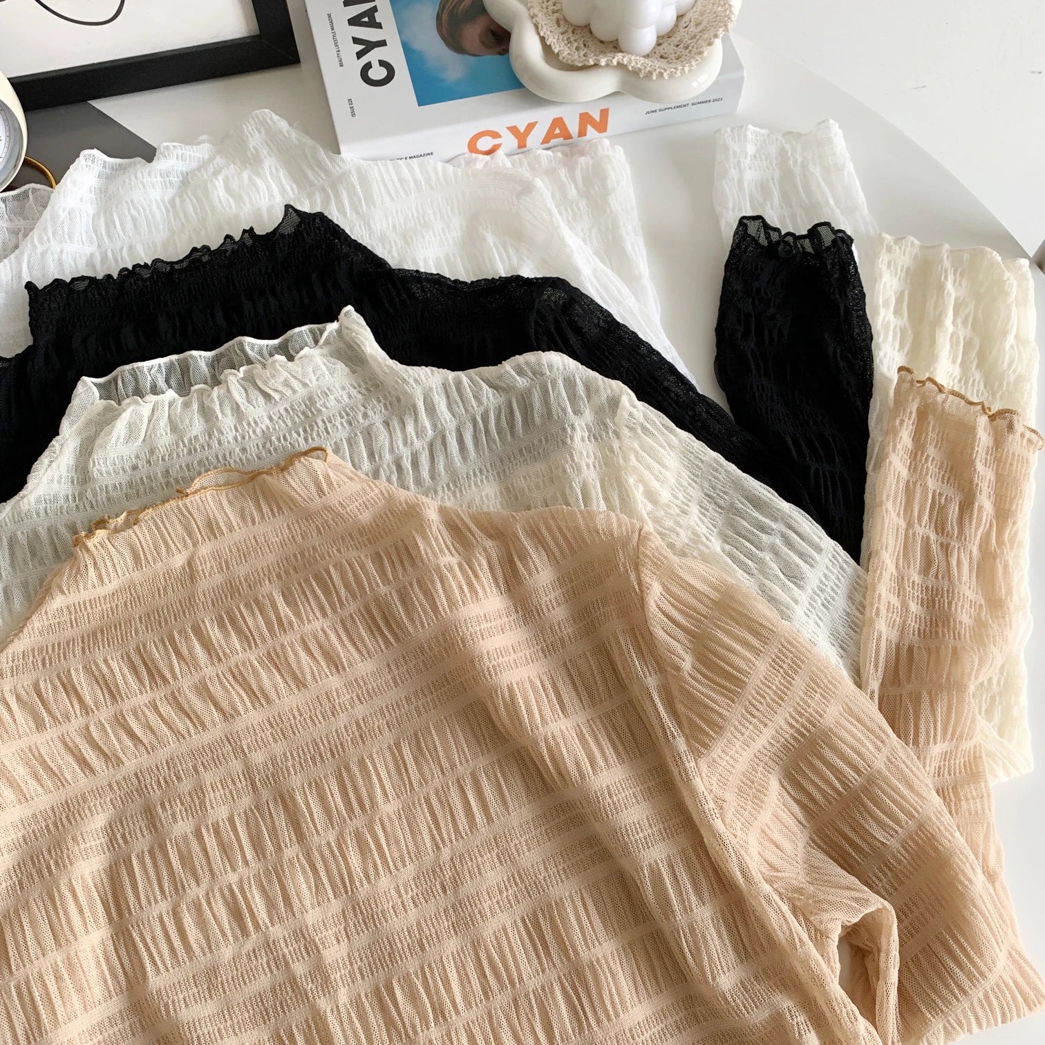 Hnewly Women T-Shirts Vintage Pleat Long SleeveTop Spring Autumn Mesh Fabric Lace Half Turtleneck Korean Fashion All-match Shirt
