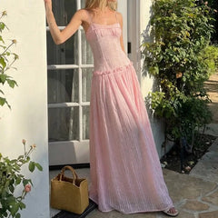 Hnewly  Women Y2K Maxi Dress Elegent Spaghetti Strap Square Neck Pleated Front Flowy Long Dress Summer Backless Ruched Ruffle Hem Dress