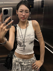 Hnewly  Letter Print Vest Women o-Neck Sleeveless High Stretch Rough Edges Round Metal Decoration Classic Simple Mini Tops