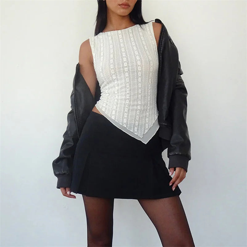 Hnewly Lace Tank Top y2k Clothes Women Sheer Floral Round Neck Sleeveless Asymmetrical Hem T Shirt 2000s Clothing Streetwear