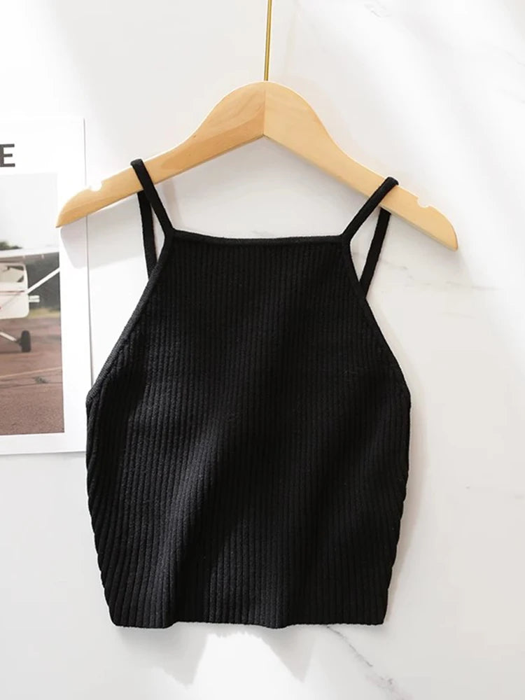 Hnewly Women Slim Knitted Camis Summer Fashion Ladies Vintage Blackless Tank tops Female Cute Sweet Solid Color Cropped Tops