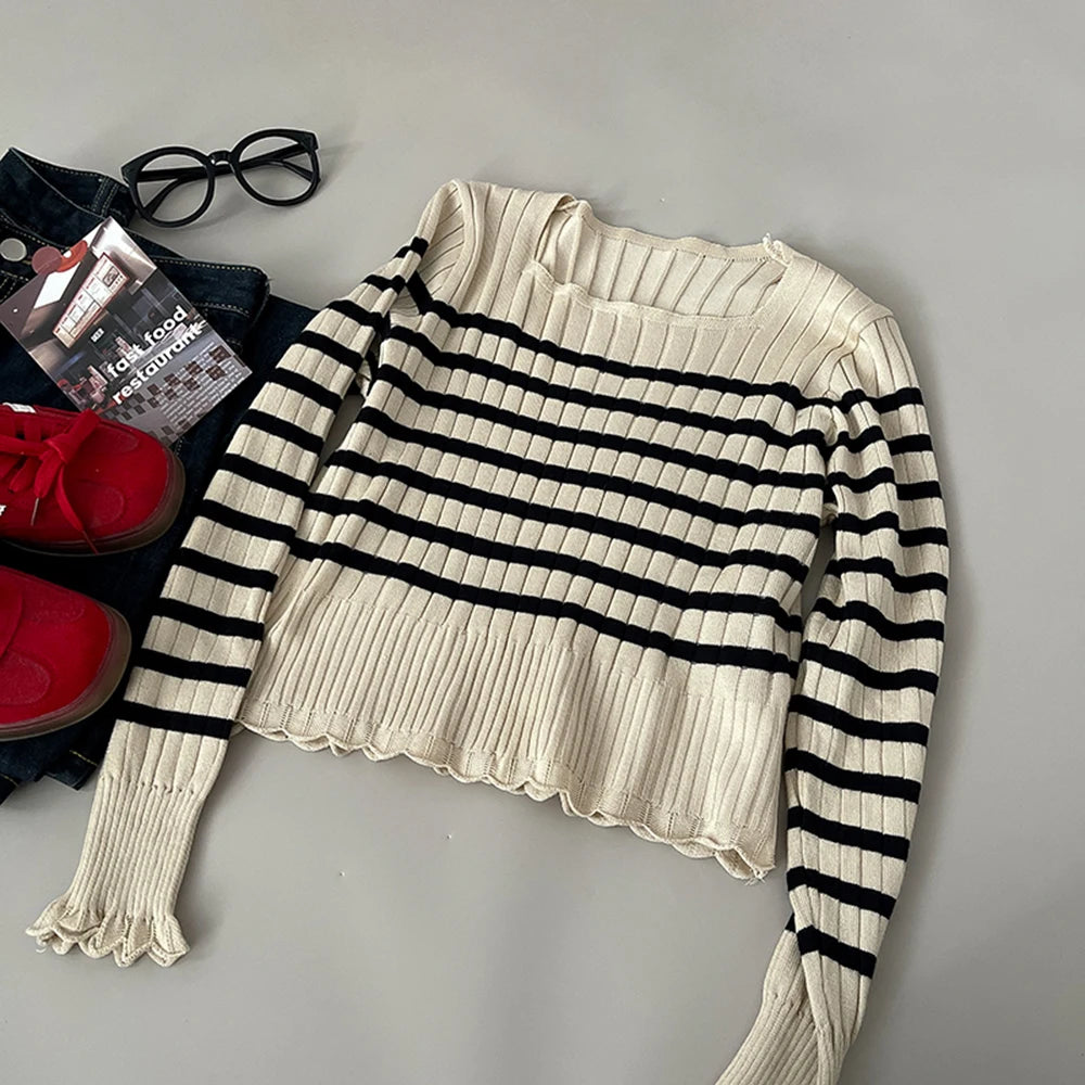Hnewly  Striped Lace Trim Knitted Sweater 2025 Women's Spring Autumn New Long Sleeve T-Shirt Slim Fit Pullover Base Layer Tops