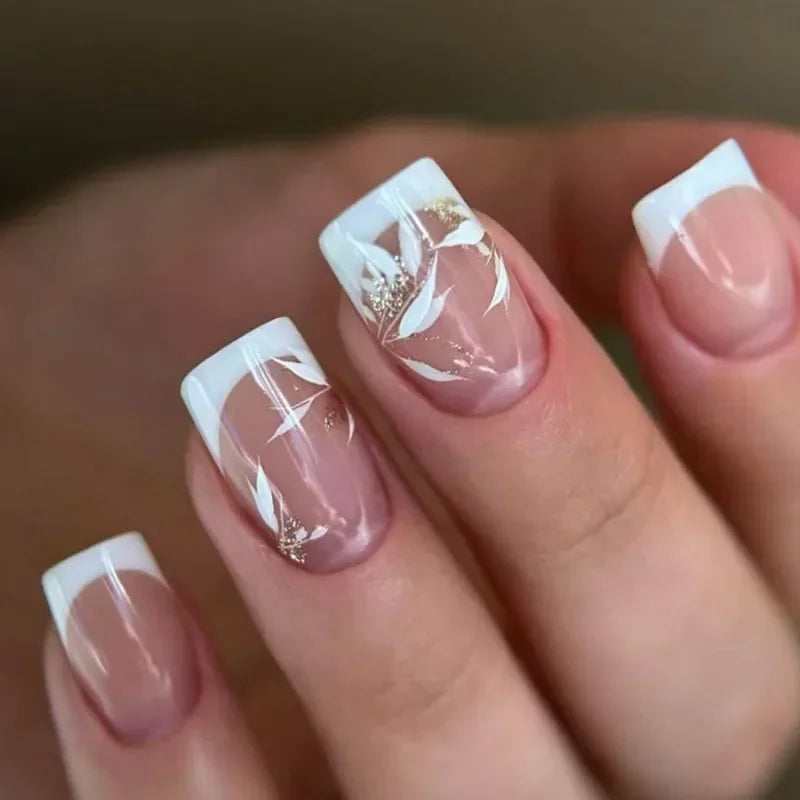Hnewly 24pcs Short Square Head French Ballet Nails White Edge Flower Fake Nails with Glue Wearable Full Cover Press on Nails Tip Art