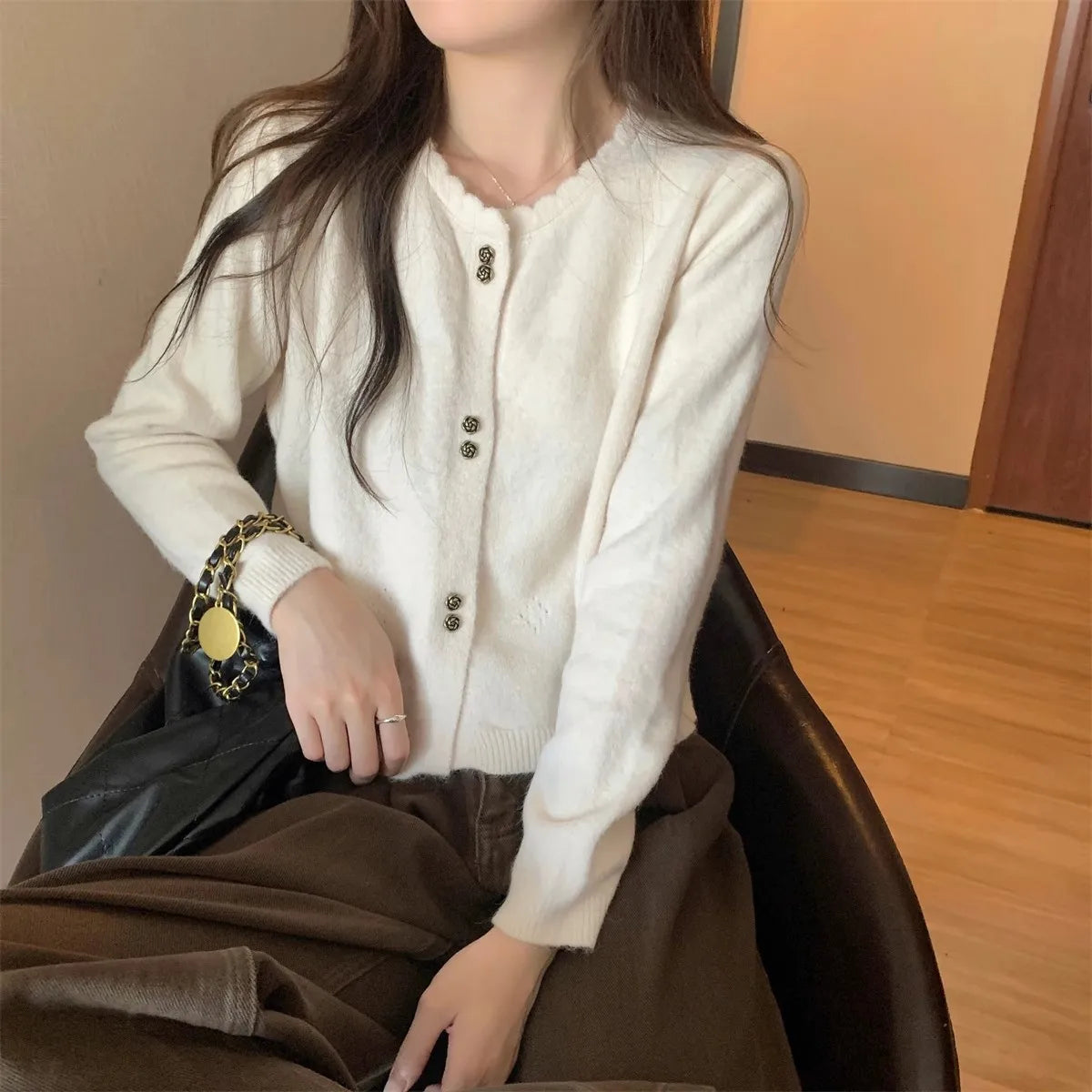 Hnewly  Sweet Short Hollowed Out Sweater Chic Buttons Long Sleeved Knitted  Cardigan Jacket Korean series Round Neck Loose Top