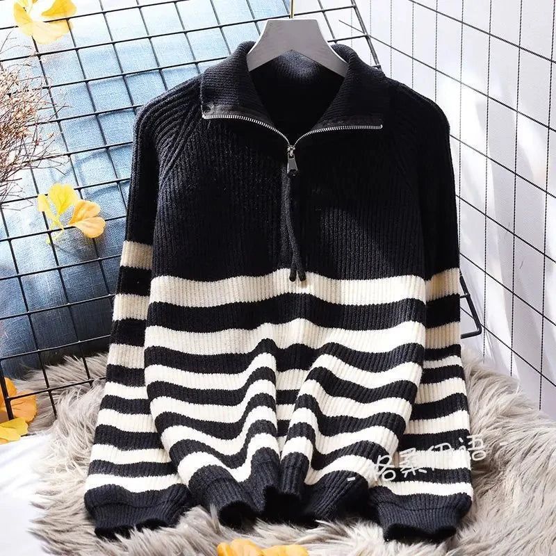 Hnewly  Half Zipper Stripe Pullover Sweater  Women Loose Knitted Base Shirt  2025 Spring /Autumn Japanese Style Long Sleeve Pullover Top