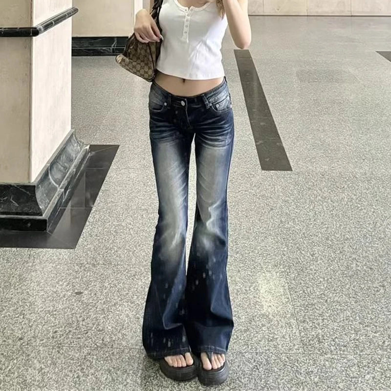 Hnewly  Harajuku Vintage Low Waist Jeans for Women Streetwear Y2K Slim Fit Long Pants Woman Spring Autumn Retro Flared Denim Trousers