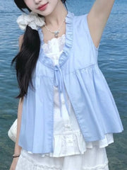 Hnewly  Sweet Casual Loose Fake Two Pieces Tops Women Design Fashion Sleeveless Lace Brief T-Shirts Female Elegant Cute Fairy Clothes