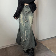 Hnewly  Y2k Patchwork Denim Long Skirt Women Retro Slim Ripped Mid-Waisted Mermaid Hem Skirts Fashion Tassel Irregular Skirt