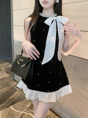 Hnewly  Elegant Dresses Women Sweet Fashion Bow Halter Beaded Vintage French Style Chic Sexy Mini Dress Patchwork Female