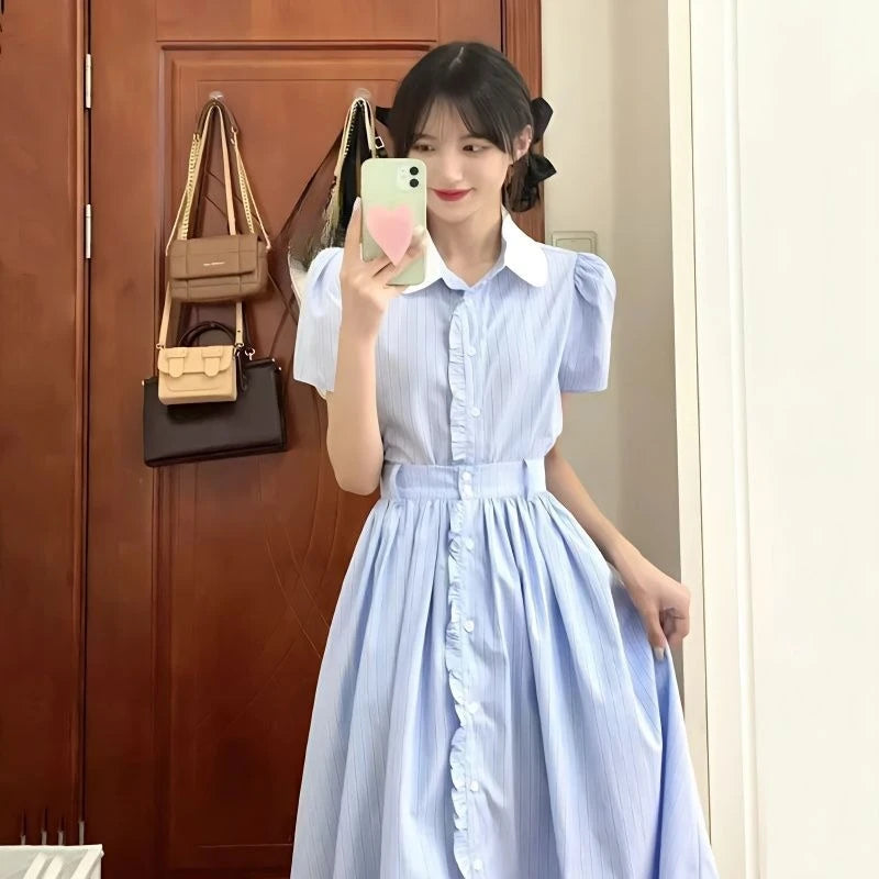 Hnewly  Woman Dress Striped Turn Down Collar Patchwork Ruffles Single Breasted Short Sleeve Summer Fashion Female Dresses Casual