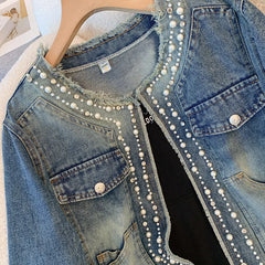 Hnewly  Beading Denim Jacket Women's Spring Autumn New Loose Versatile Short Top Elegant O-neck Long Sleeved  Single Breasted Top